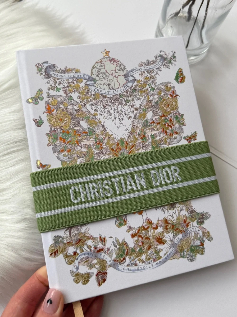 Christian Dior White Flora Notebook with Green Elastic Band NEW